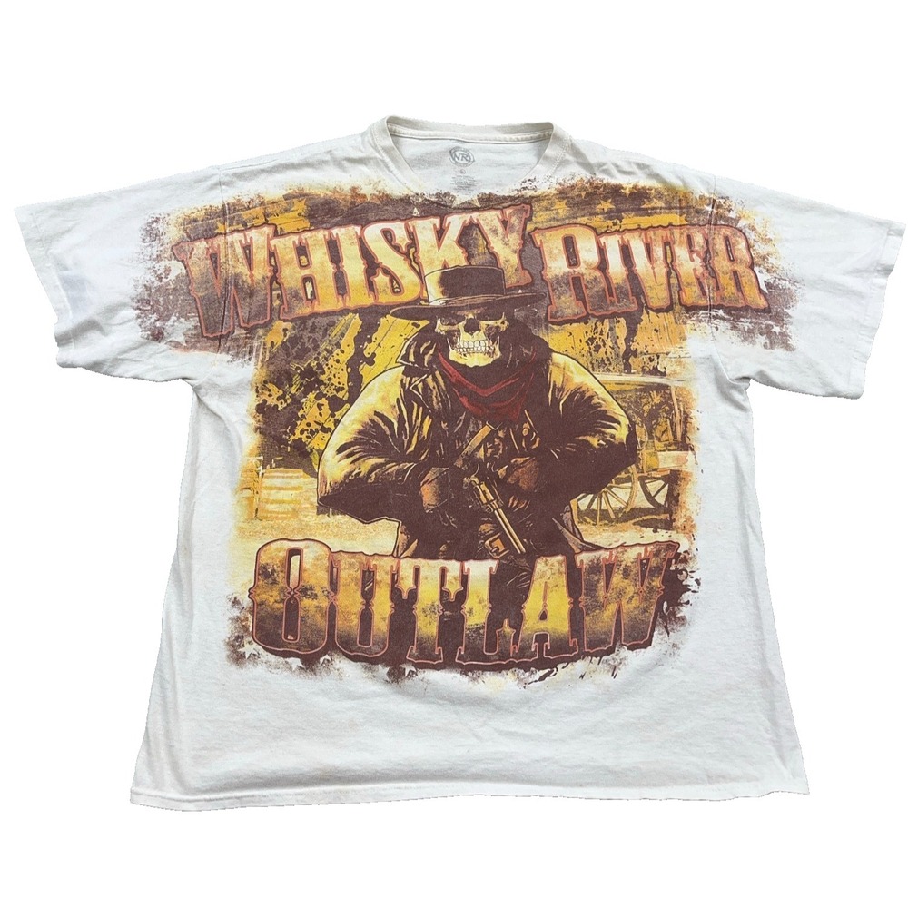 Vintage Whisky River Outlaw Shirt Men XL White AOP Western Skeleton Bar  Retro